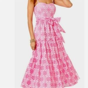 Lilly Pulitzer NWT Edith Belted Eyelet Midi Dress Soleil Pink Size 2
